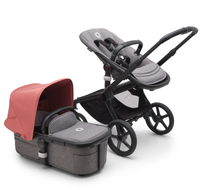 BUGABOO Fox 5 Poussette Naissance et 2è Age - Capote Rouge Aube , Habillages Gris Chiné , Châssis Noir